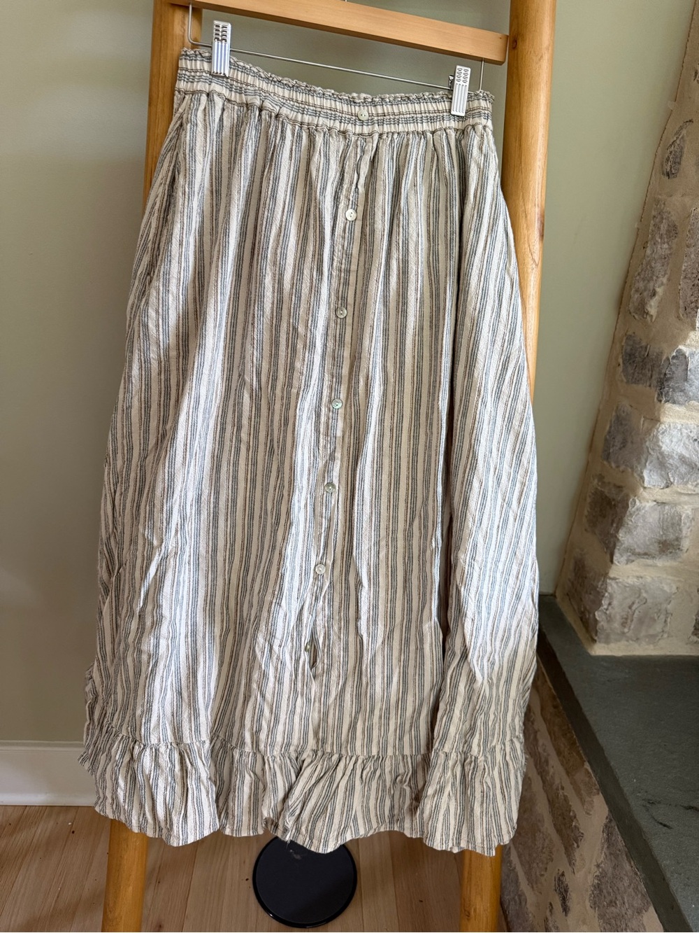 NWOT Rylee + Cru Cream and Gray Striped Button-Front Maxi Skirt